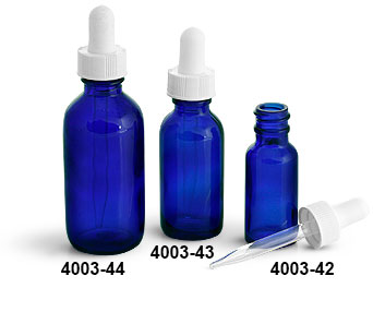 Glass Bottles, Blue Glass Boston Round Bottles w/ White Bulb Glass Droppers