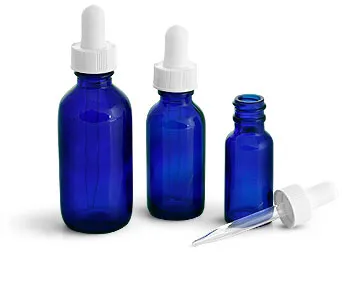 Blue Glass Bottles, Boston Round Bottles w/ White Bulb Glass Droppers