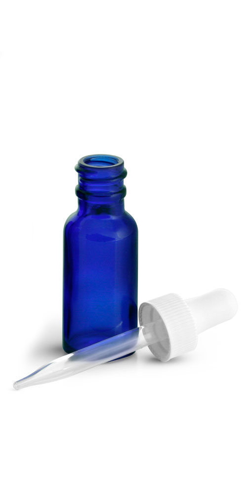 1/2 oz      Blue Glass Round Bottles w/ White Bulb Glass Droppers