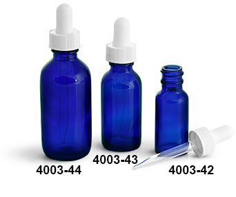 Glass Bottles, Blue Glass Boston Round Bottles w/ White Bulb Glass Droppers