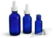 Blue Glass Bottles, Boston Round Bottles w/ White Bulb Glass Droppers