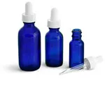 Blue Glass Bottles, Boston Round Bottles w/ White Bulb Glass Droppers