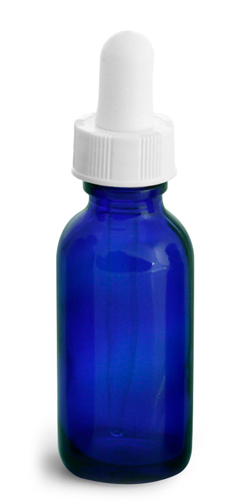1 oz      Blue Glass Round Bottles w/ White Bulb Glass Droppers