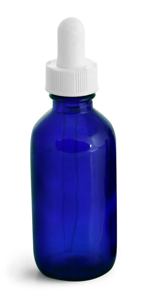 2 oz      Blue Glass Round Bottles w/ White Bulb Glass Droppers
