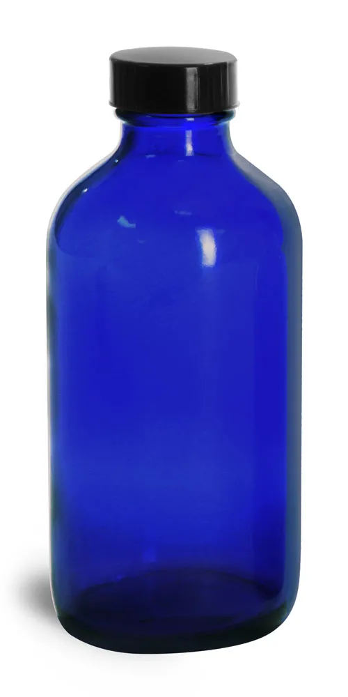 8 oz Blue Glass Round Bottles w/ Black Phenolic Cone Lined Caps