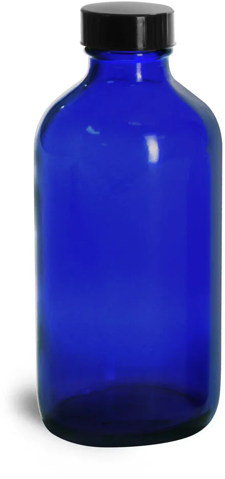 4 oz         Blue Glass Round Bottles w/ Black Phenolic Cone Lined Caps