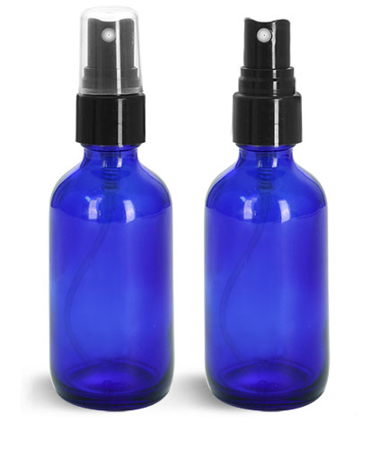 Glass Bottles, Blue Glass Boston Round Bottles w/ Smooth Black Fine Mist Sprayers