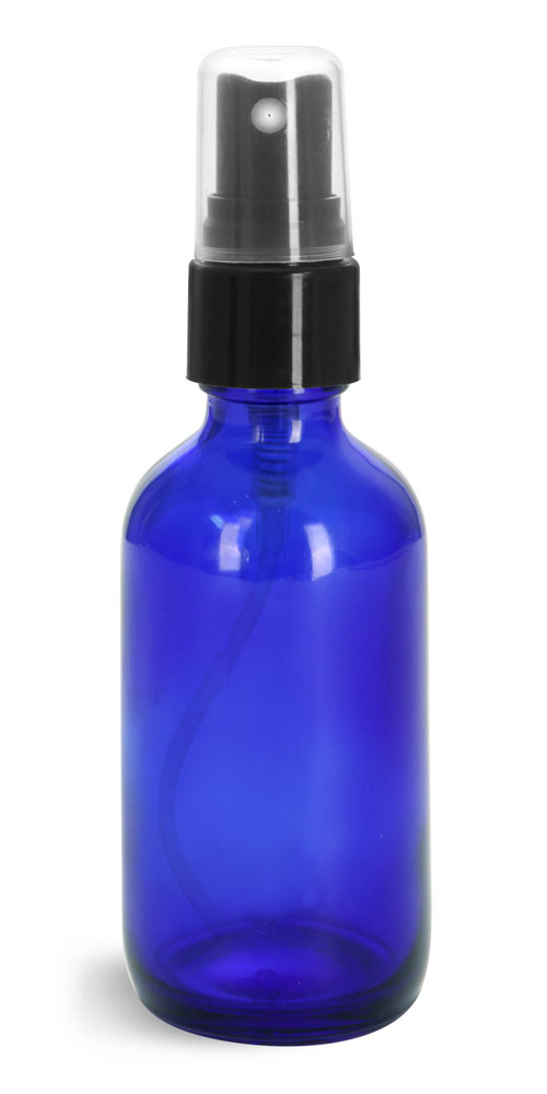 2 oz Glass Bottles, Blue Glass Boston Rounds w/ Smooth Black Fine Mist Sprayers