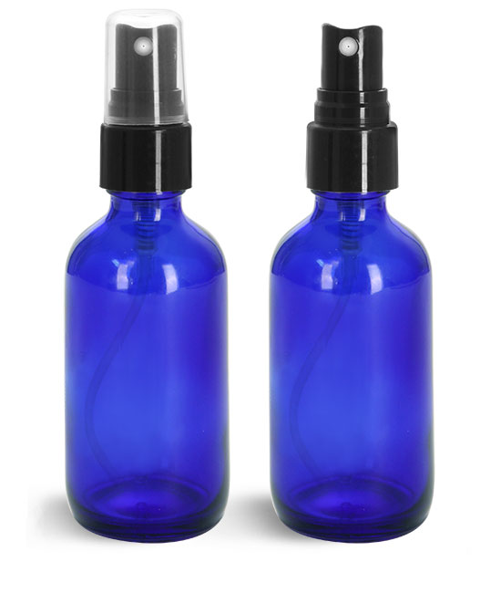 Glass Bottles, Blue Glass Boston Round Bottles w/ Smooth Black Fine Mist Sprayers