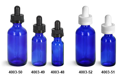 Original Blue Glass Boston Round Bottles w/ Black & White Child Resistant Droppers