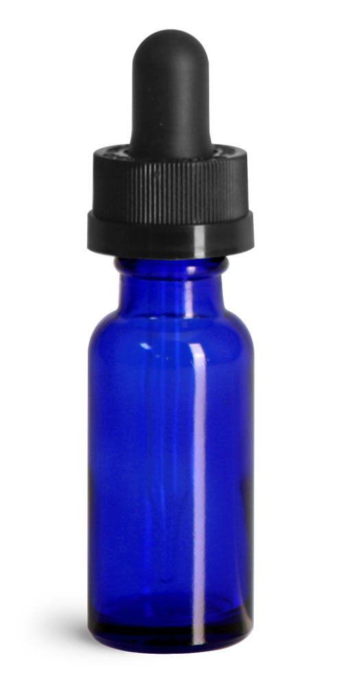 1/2 oz Glass Bottles, Blue Glass Boston Rounds w/ Child Resistant Glass Droppers