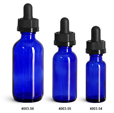 Glass Bottles, Blue Glass Boston Round Bottles w/ Child Resistant Glass Droppers