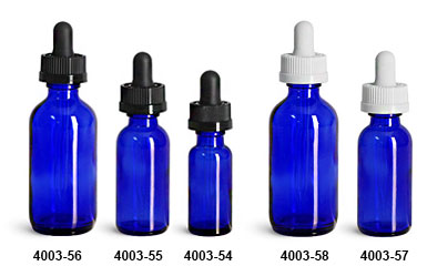 New Blue Glass Boston Round Bottles w/ Black & White Child Resistant Droppers