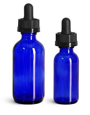 Blue Glass Boston Round Bottles w/ Child Resistant Glass Droppers