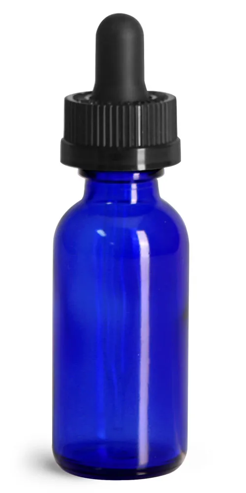 1 oz Glass Bottles, Blue Glass Boston Rounds w/ Child Resistant Glass Droppers