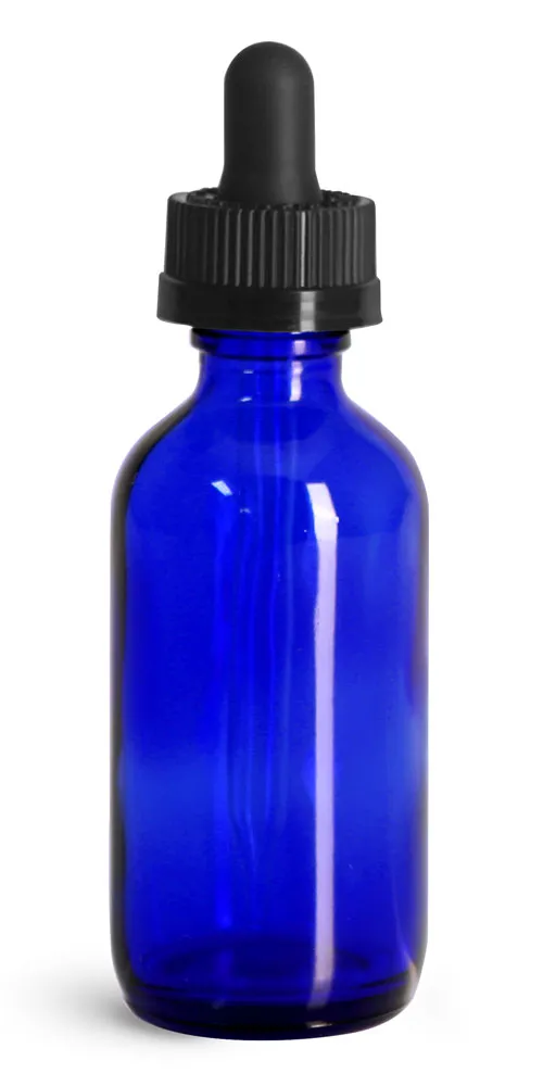 2 oz Glass Bottles, Blue Glass Boston Rounds w/ Child Resistant Glass Droppers