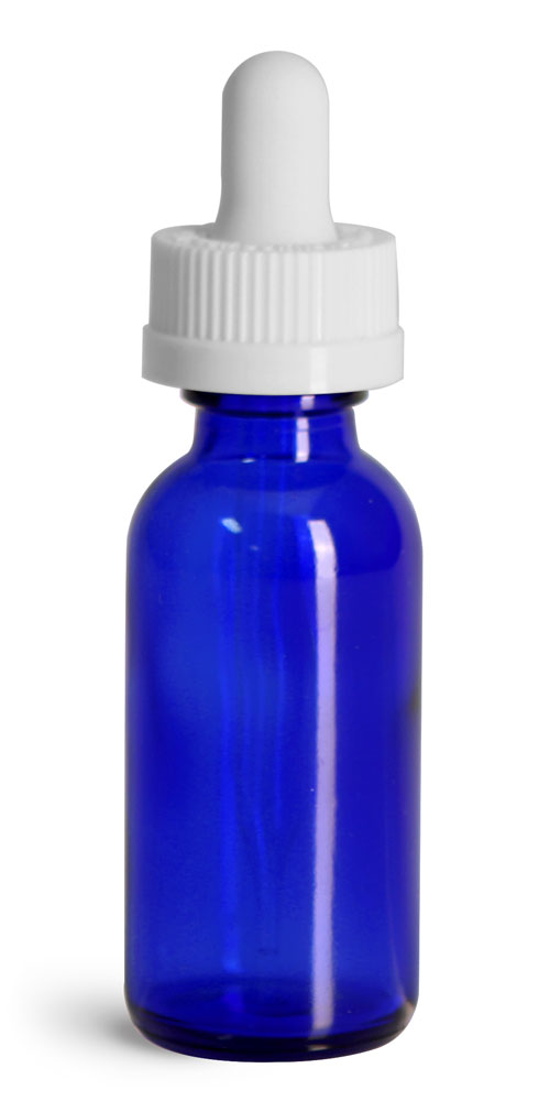1 oz Glass Bottles, Blue Glass Boston Rounds w/ White Child Resistant Glass Droppers