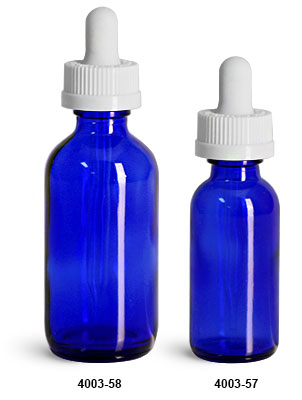 Glass Bottles, Blue Glass Boston Round Bottles w/ White Child Resistant Glass Droppers