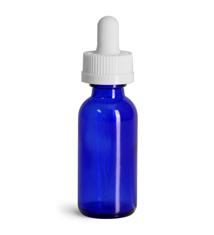 Blue Glass Bottles, Boston Round Bottles w/ White Child Resistant Glass Droppers