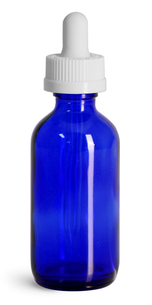2 oz Glass Bottles, Blue Glass Boston Rounds w/ White Child Resistant Glass Droppers