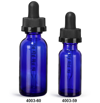 Glass Bottles, Blue Glass Boston Round Bottles w/ Child Resistant Graduated Glass Droppers