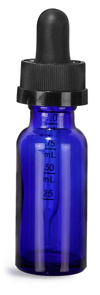 1/2 oz Blue Glass Boston Round Bottles w/ Child Resistant Graduated Glass Droppers