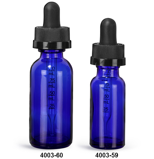 Glass Bottles, Blue Glass Boston Round Bottles w/ Child Resistant Graduated Glass Droppers