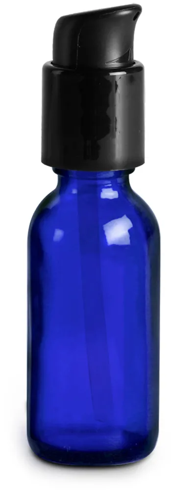 1 oz Glass Bottles, Blue Glass Boston Round Bottles w/ Black Treatment Pumps