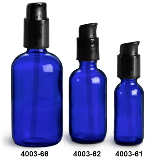 Glass Bottles, Blue Glass Boston Round Bottles w/ Black Treatment Pumps