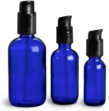  Blue Glass Boston Round Bottles w/ Black Treatment Pumps 