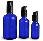 Blue Glass Boston Round Bottles w/ Black Treatment Pumps