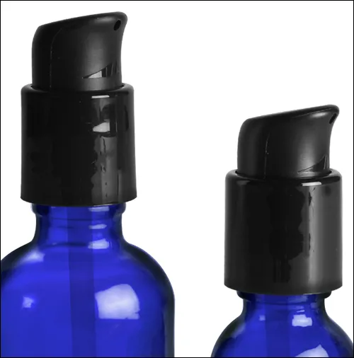 Blue Glass Boston Round Bottles w/ Black Treatment Pumps 