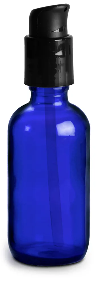 2 oz Glass Bottles, Blue Glass Boston Round Bottles w/ Black Treatment Pumps