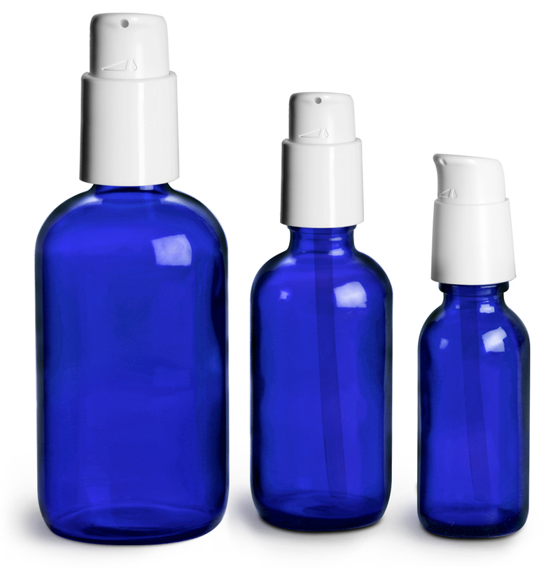 Blue Glass Boston Round Bottles w/ White Treatment Pumps
