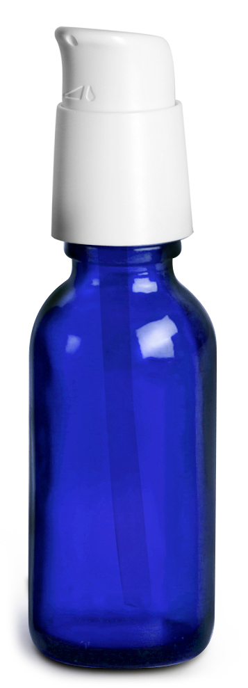 1 oz  Blue Glass Boston Round Bottles w/ White Treatment Pumps