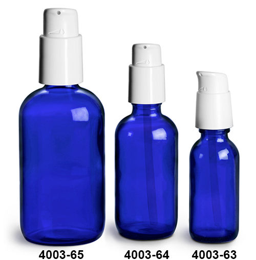Glass Bottles, Blue Glass Boston Round Bottles w/ White Treatment Pumps
