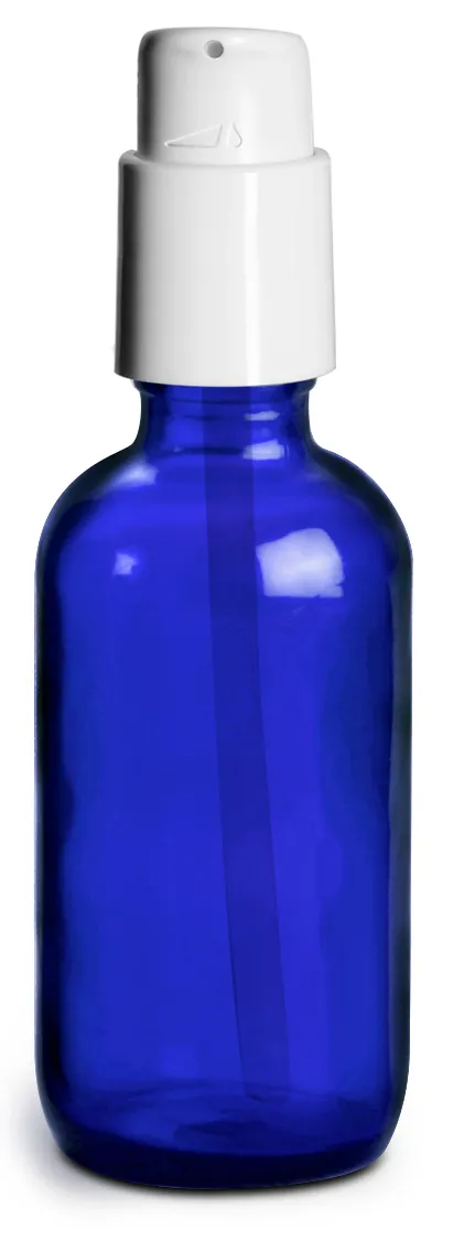 2 oz Blue Glass Boston Round Bottles w/ White Treatment Pumps