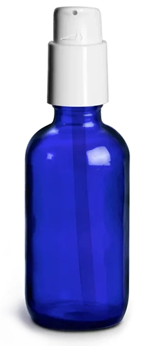  Blue Glass Boston Round Bottles w/ White Treatment Pumps 
