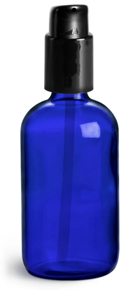4 oz Blue Glass Boston Round Bottles w/ Black Treatment Pumps