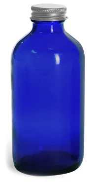 8 oz Blue Glass Boston Round Bottles w/ Lined Aluminum Caps