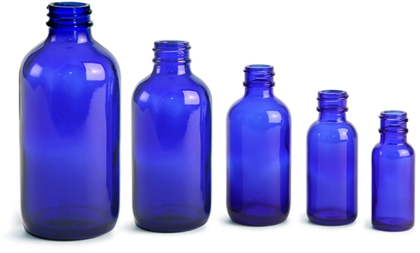 2 oz        Blue Glass Boston Round Bottles (Bulk), Caps NOT Included
