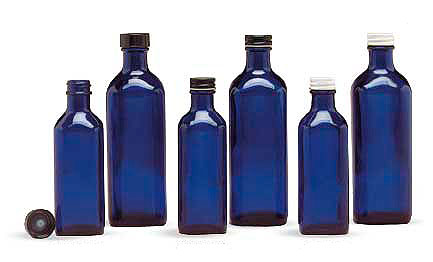 Blue Glass Square Bottles w/ Lined Caps