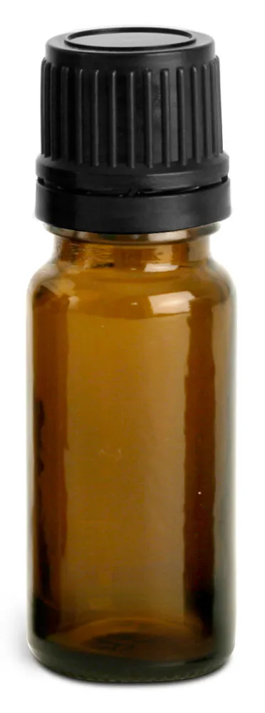 10 ml Amber Glass Euro Dropper Bottles w/ Black Tamper Evident Caps & Orifice Reducers