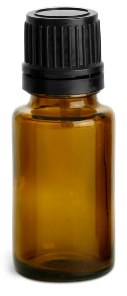 15 ml Amber Glass Euro Dropper Bottles w/ Black Tamper Evident Caps & Orifice Reducers