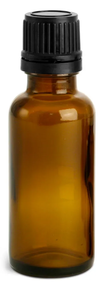 30 ml Amber Glass Euro Dropper Bottles w/ Black Tamper Evident Caps & Orifice Reducers