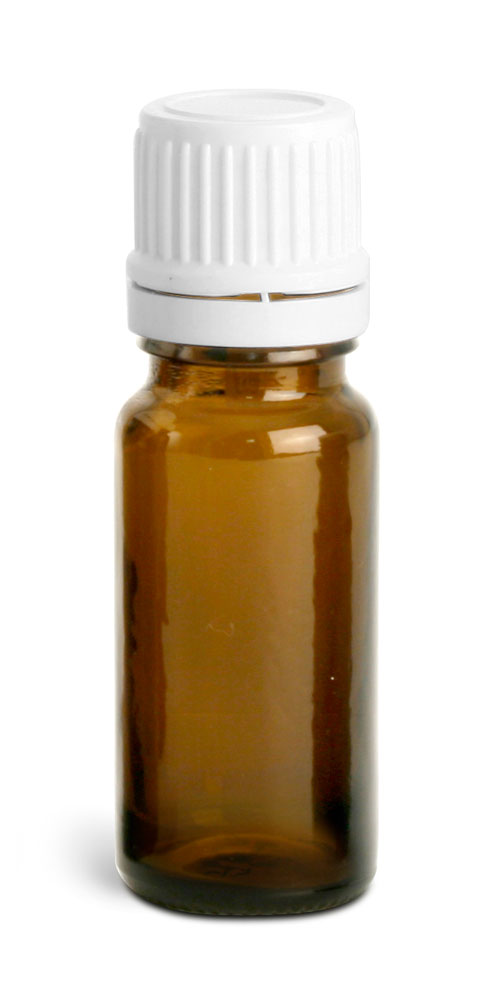 10 ml Amber Glass Euro Dropper Bottles w/ White Tamper Evident Caps & Orifice Reducers