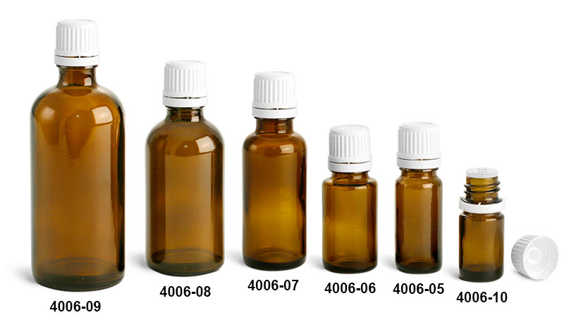 Glass Bottles, Amber Glass Euro Dropper Bottles w/ White Tamper Evident Caps and Orifice Reducers