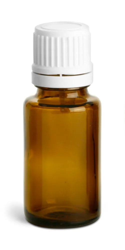 15 ml Amber Glass Euro Dropper Bottles w/ White Tamper Evident Caps & Orifice Reducers