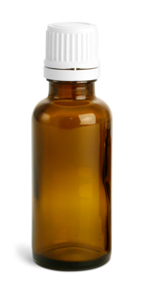 30 ml Amber Glass Euro Dropper Bottles w/ White Tamper Evident Caps & Orifice Reducers