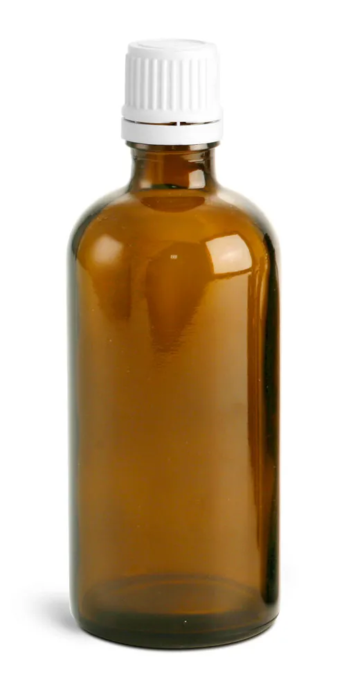 100 ml Amber Euro Dropper Bottles w/ White Tamper Evident Caps and Orifice Reducers